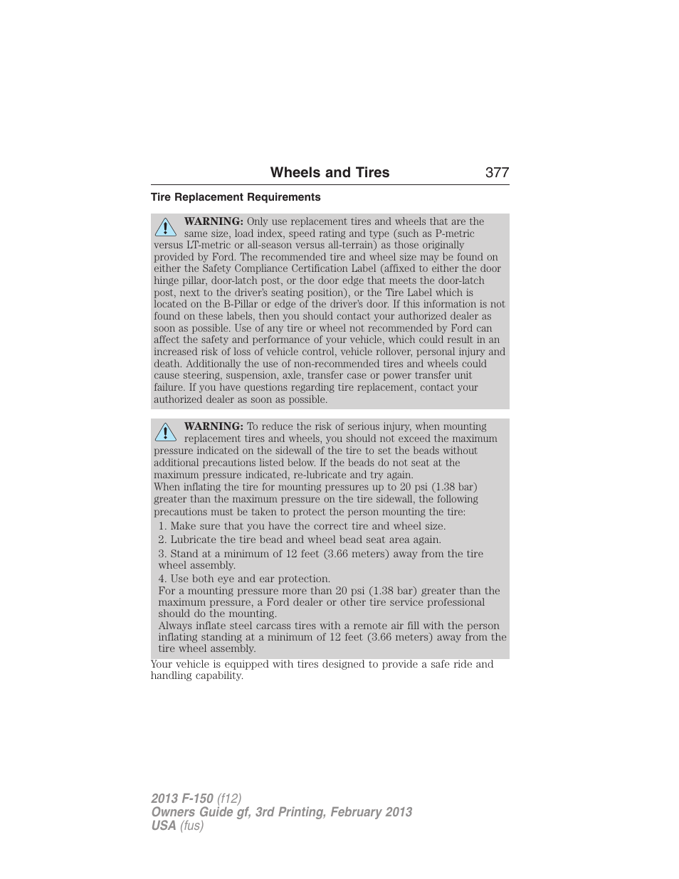 Tire replacement requirements, Wheels and tires 377 | FORD 2013 F-150 v.3 User Manual | Page 378 / 592