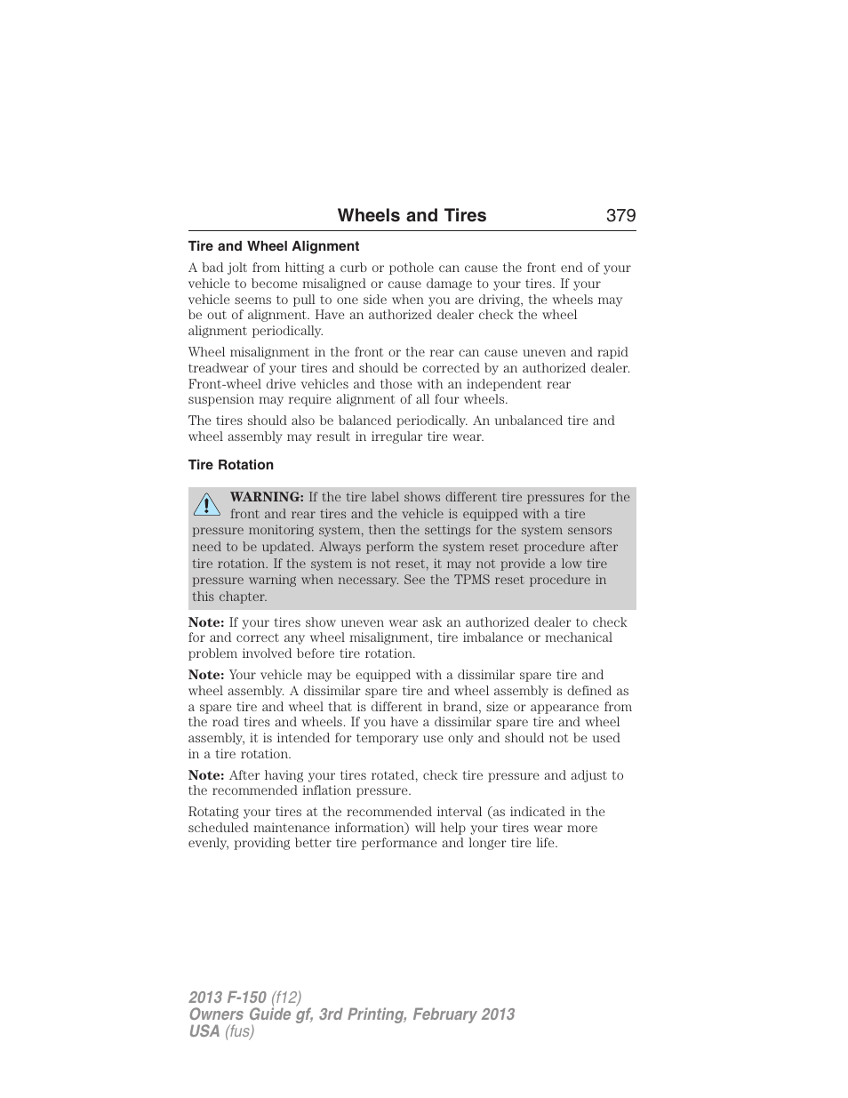 Tire and wheel alignment, Tire rotation, Wheels and tires 379 | FORD 2013 F-150 v.3 User Manual | Page 380 / 592