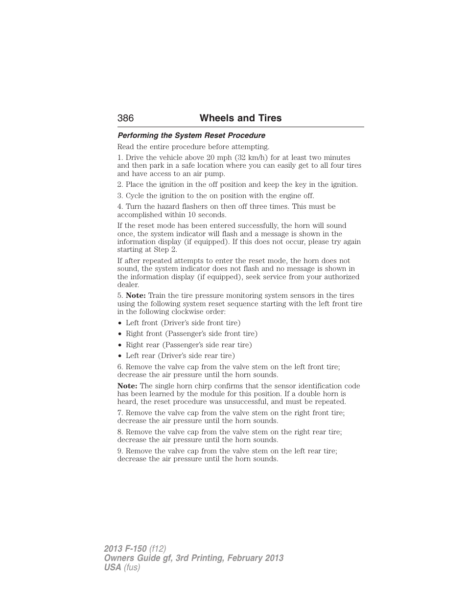 Performing the system reset procedure, 386 wheels and tires | FORD 2013 F-150 v.3 User Manual | Page 387 / 592