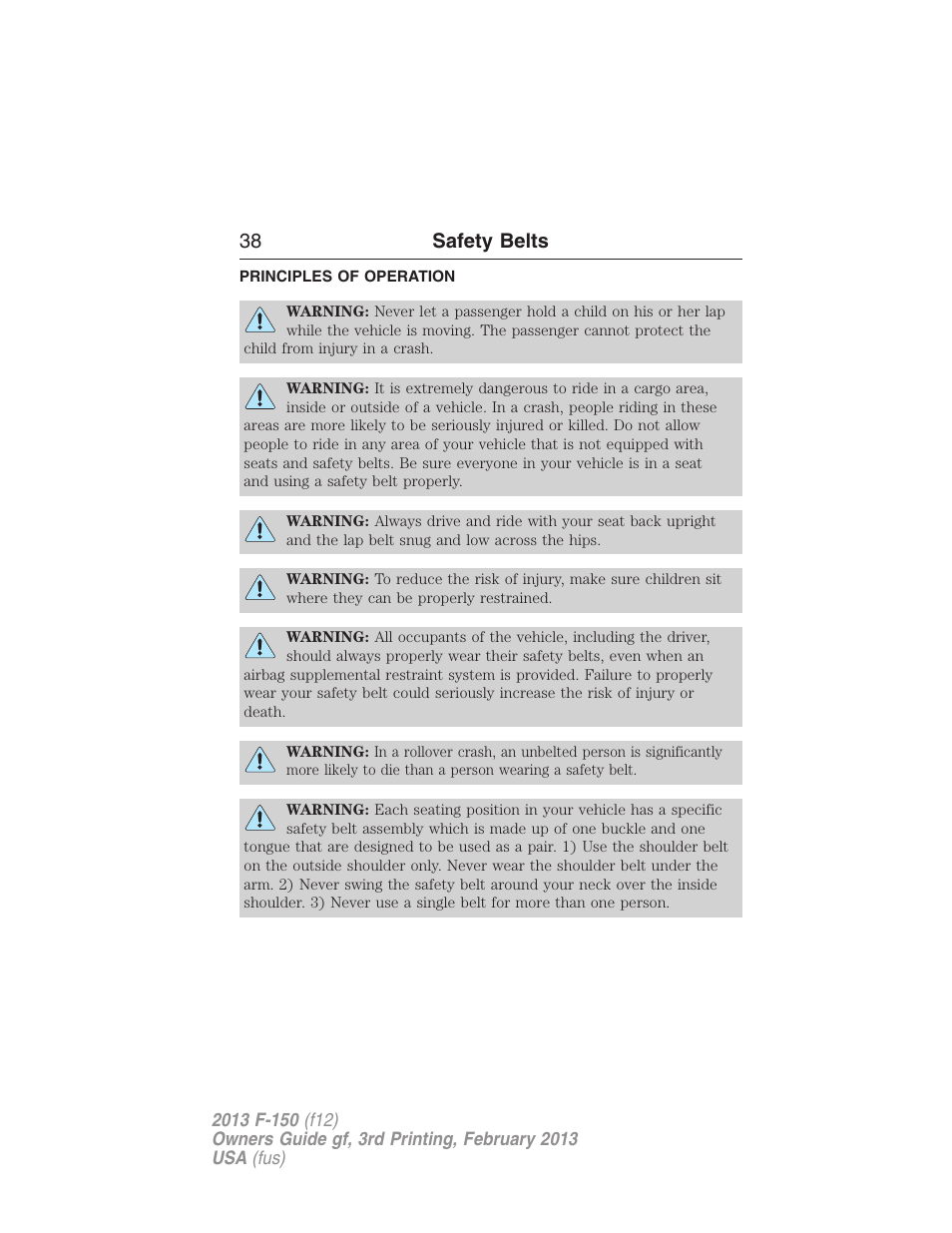 Safety belts, Principles of operation, 38 safety belts | FORD 2013 F-150 v.3 User Manual | Page 39 / 592
