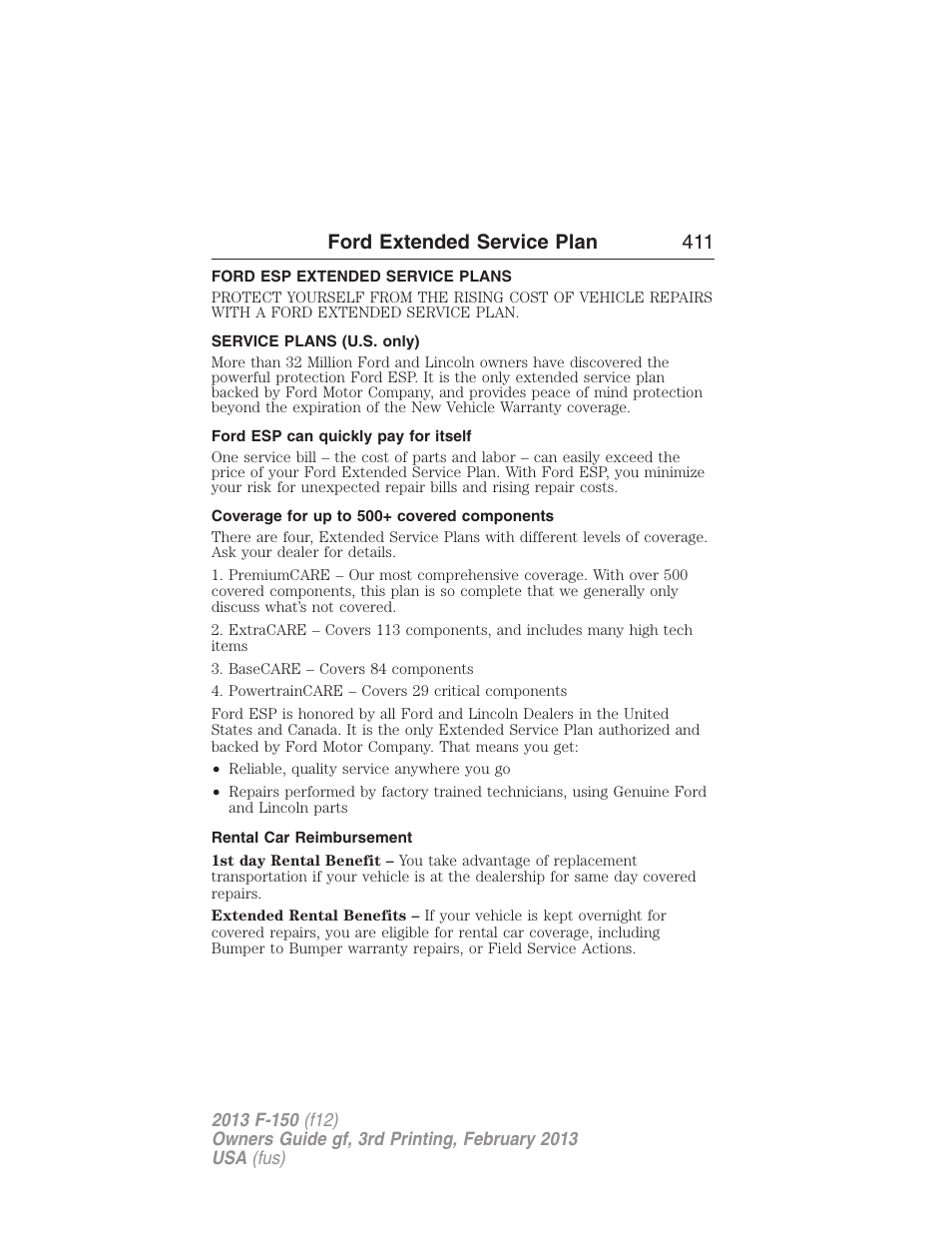 Ford extended service plan, Ford esp extended service plans, Service plans (u.s. only) | Ford esp can quickly pay for itself, Coverage for up to 500+ covered components, Rental car reimbursement, Ford extended service plan 411 | FORD 2013 F-150 v.3 User Manual | Page 412 / 592