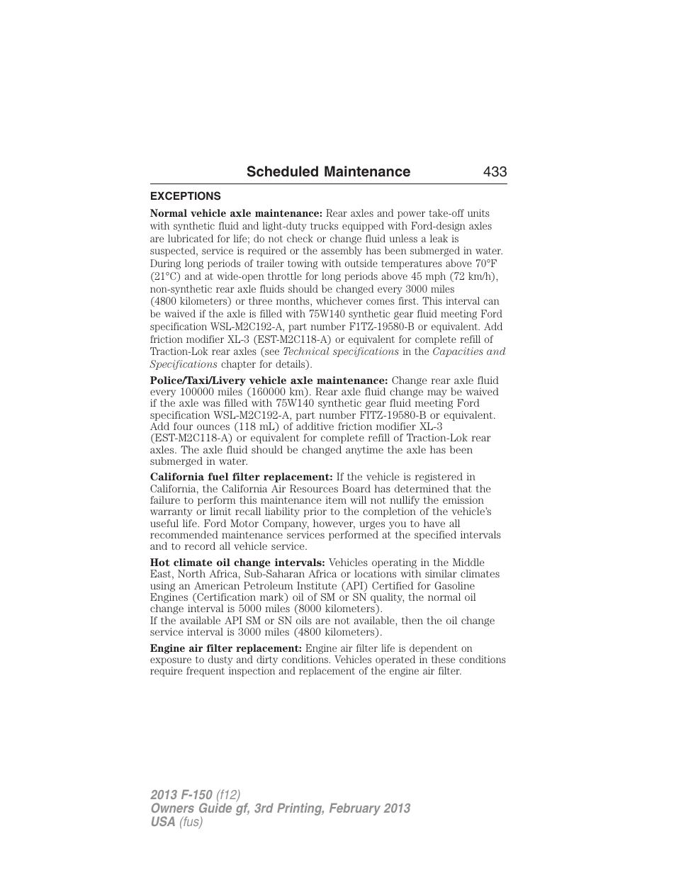 Exceptions, Scheduled maintenance 433 | FORD 2013 F-150 v.3 User Manual | Page 434 / 592