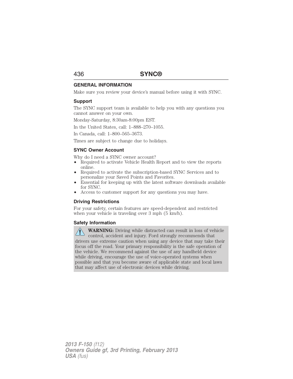 General information, Support, Sync owner account | Driving restrictions, Safety information, 436 sync | FORD 2013 F-150 v.3 User Manual | Page 437 / 592