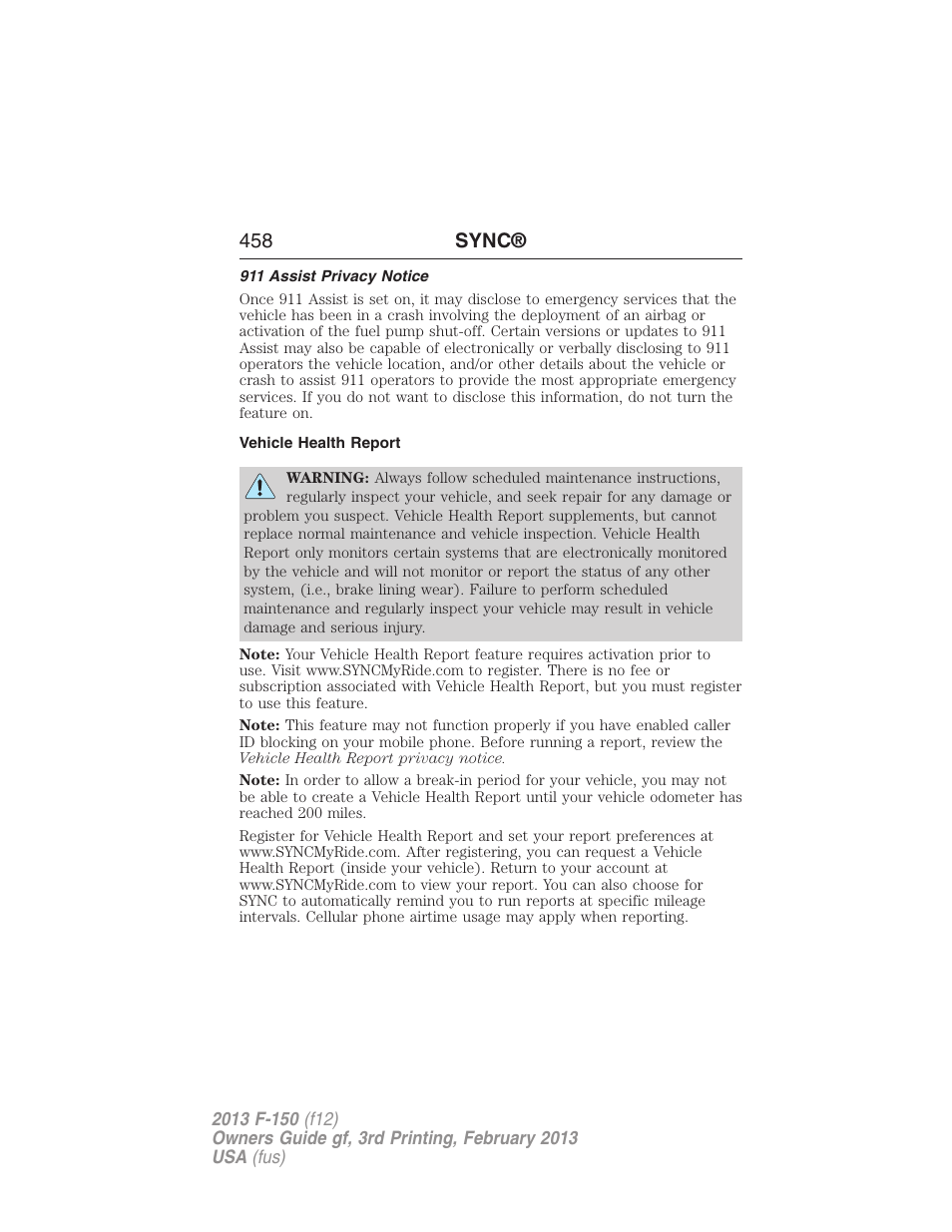 911 assist privacy notice, Vehicle health report, 458 sync | FORD 2013 F-150 v.3 User Manual | Page 459 / 592