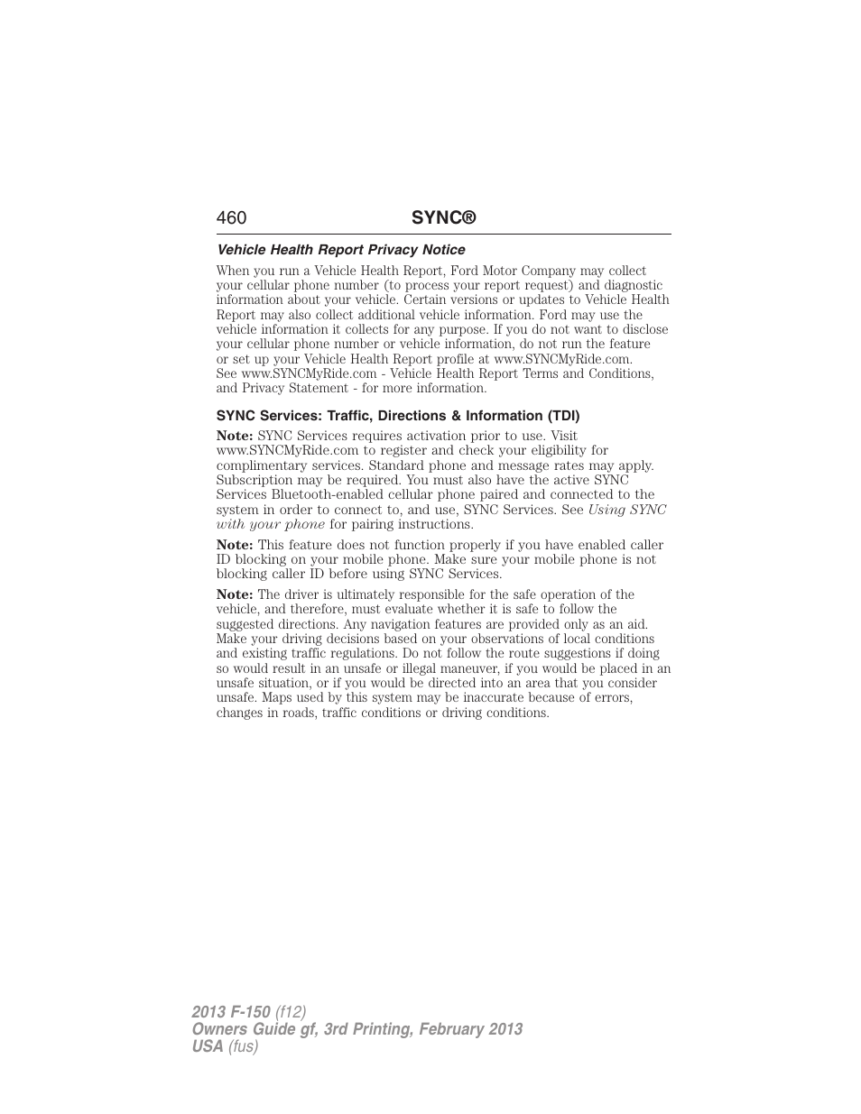 Vehicle health report privacy notice, 460 sync | FORD 2013 F-150 v.3 User Manual | Page 461 / 592