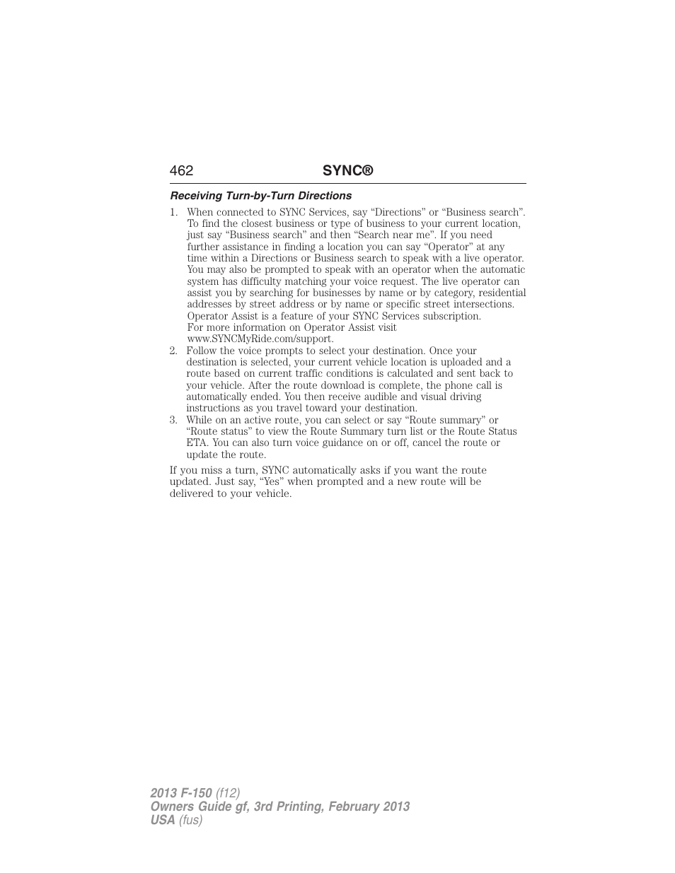 Receiving turn-by-turn directions, 462 sync | FORD 2013 F-150 v.3 User Manual | Page 463 / 592