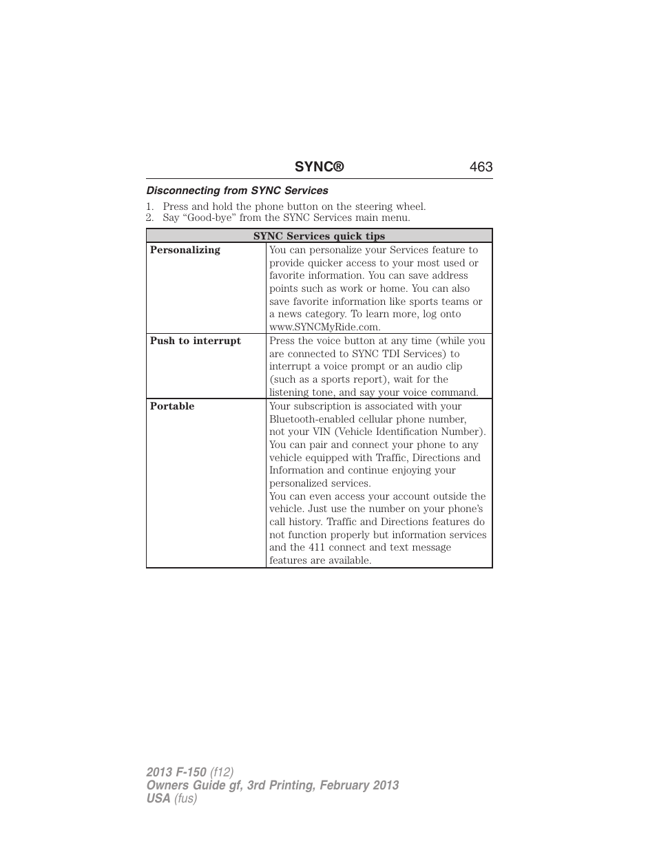 Disconnecting from sync services, Sync® 463 | FORD 2013 F-150 v.3 User Manual | Page 464 / 592
