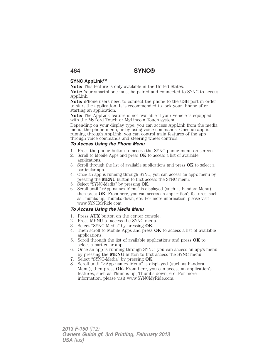 Sync applink, To access using the phone menu, To access using the media menu | 464 sync | FORD 2013 F-150 v.3 User Manual | Page 465 / 592