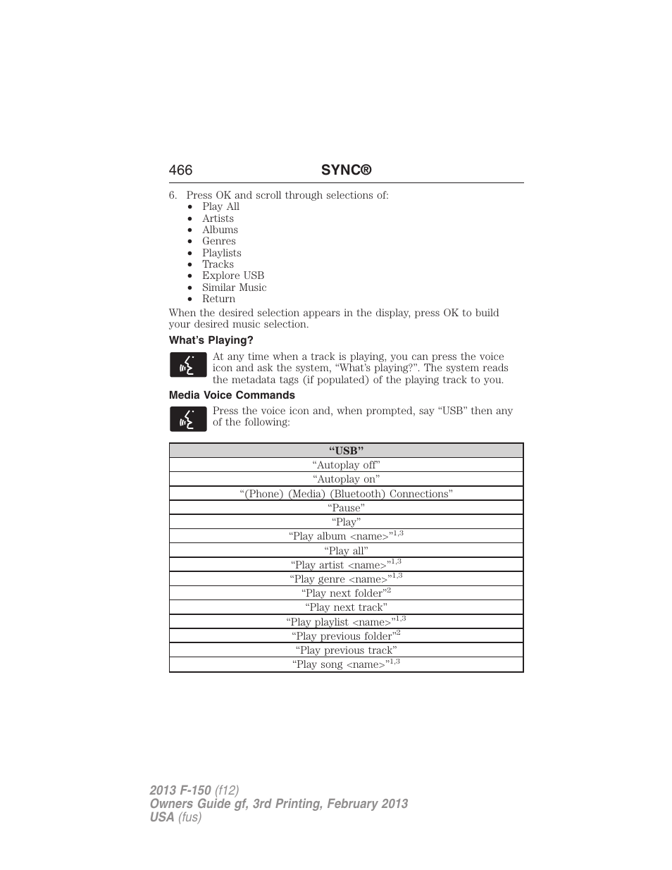 What’s playing, Media voice commands, 466 sync | FORD 2013 F-150 v.3 User Manual | Page 467 / 592