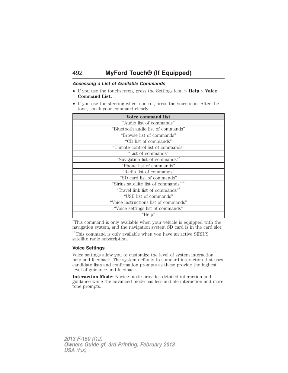 Accessing a list of available commands, Voice settings, 492 myford touch® (if equipped) | FORD 2013 F-150 v.3 User Manual | Page 493 / 592