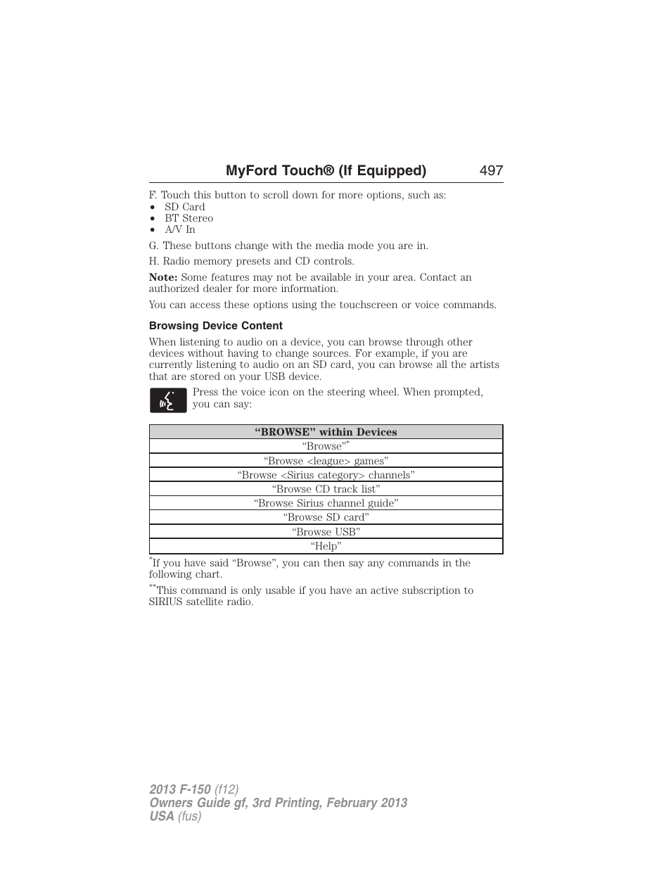 Browsing device content, Myford touch® (if equipped) 497 | FORD 2013 F-150 v.3 User Manual | Page 498 / 592