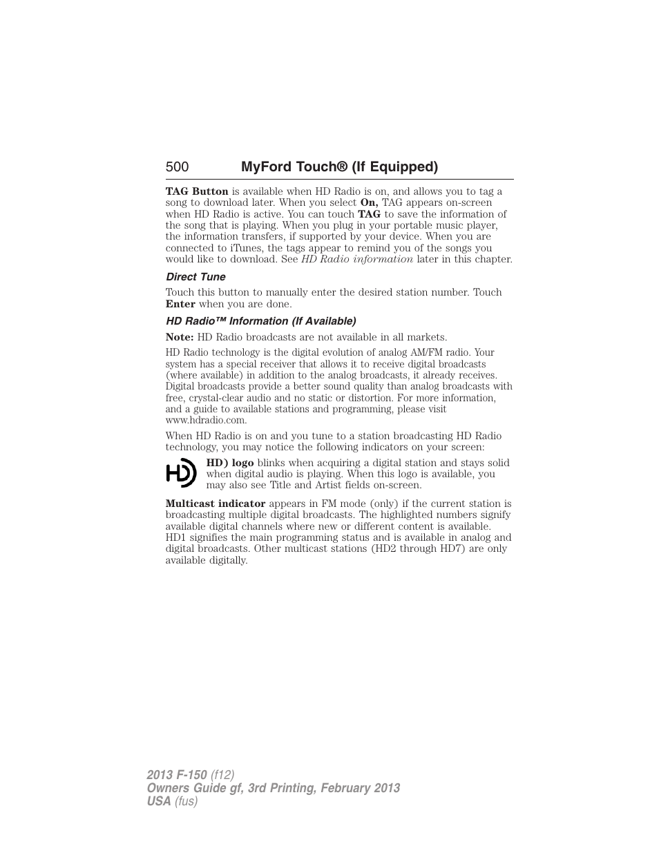 Direct tune, Hd radio™ information (if available), 500 myford touch® (if equipped) | FORD 2013 F-150 v.3 User Manual | Page 501 / 592