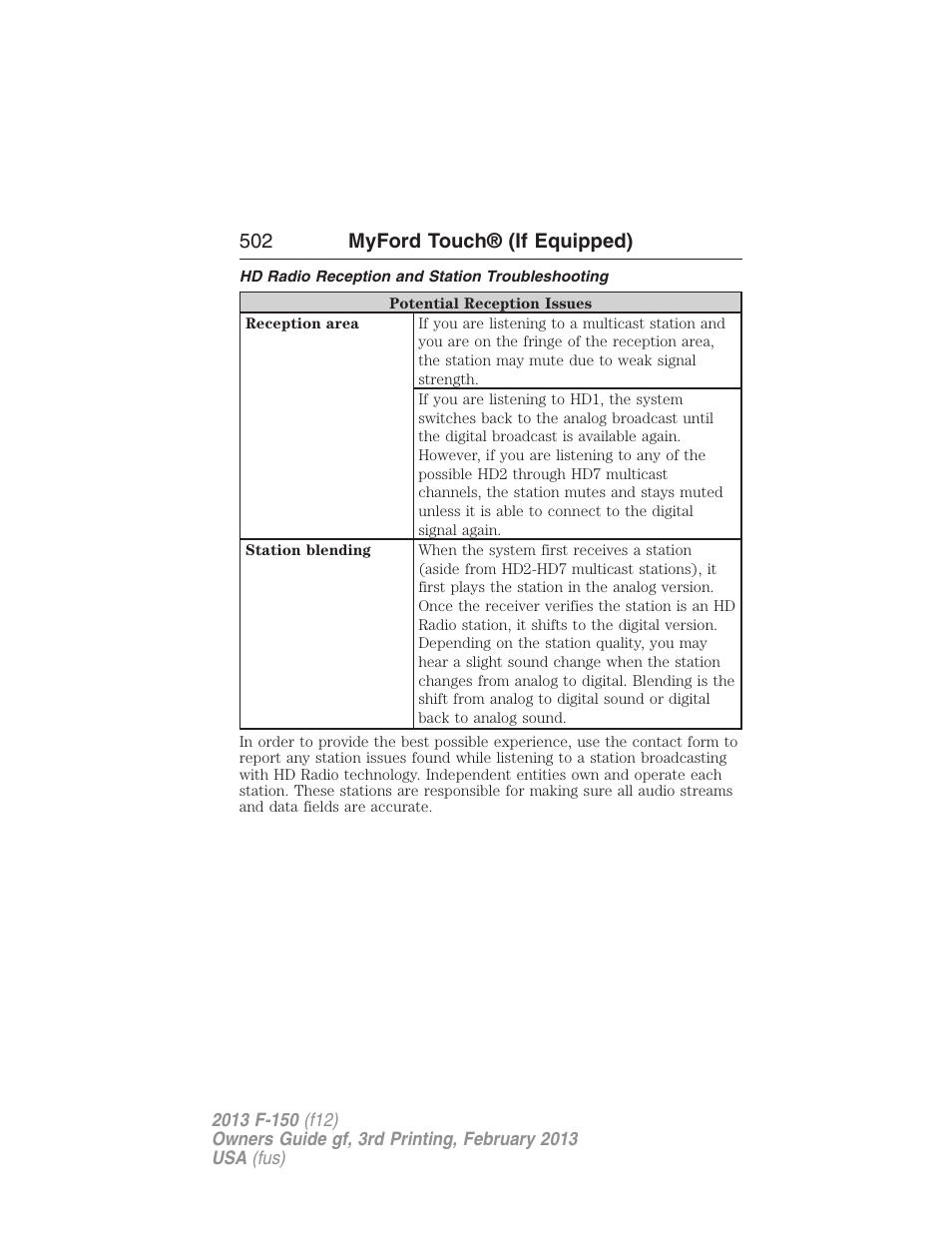 Hd radio reception and station troubleshooting, 502 myford touch® (if equipped) | FORD 2013 F-150 v.3 User Manual | Page 503 / 592