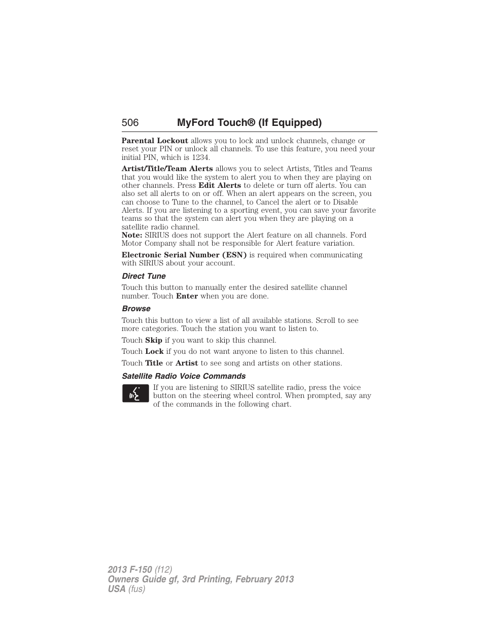 Direct tune, Browse, Satellite radio voice commands | 506 myford touch® (if equipped) | FORD 2013 F-150 v.3 User Manual | Page 507 / 592