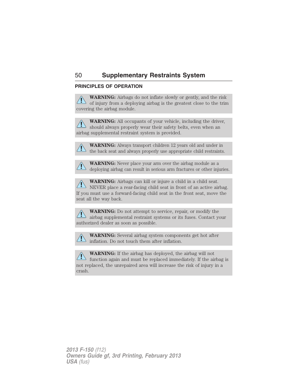 Supplementary restraints system, Principles of operation, 50 supplementary restraints system | FORD 2013 F-150 v.3 User Manual | Page 51 / 592