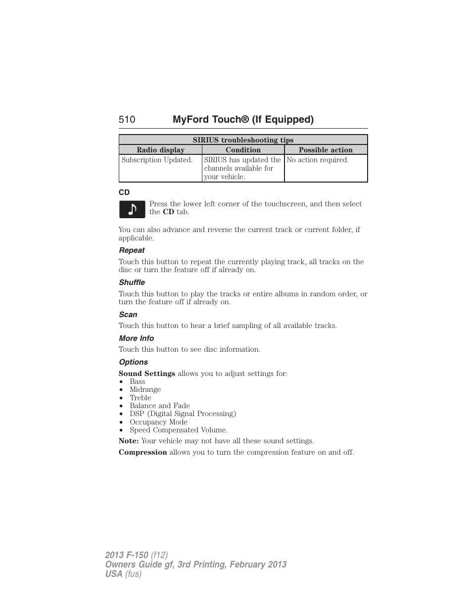 Repeat, Shuffle, Scan | More info, Options, 510 myford touch® (if equipped) | FORD 2013 F-150 v.3 User Manual | Page 511 / 592