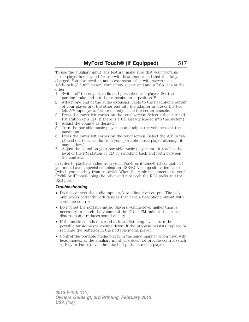 Troubleshooting, Myford touch® (if equipped) 517 | FORD 2013 F-150 v.3 User Manual | Page 518 / 592