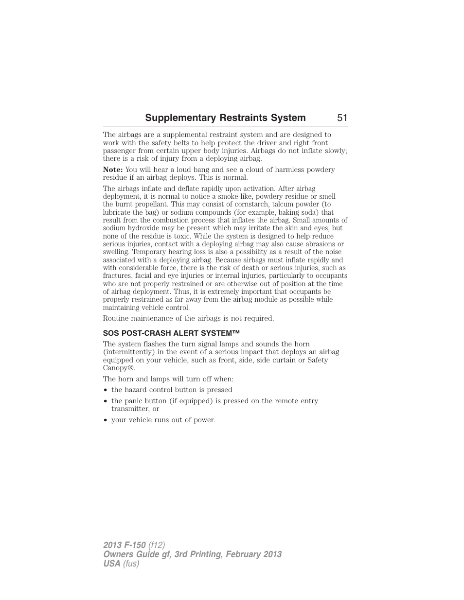 Sos post-crash alert system, Supplementary restraints system 51 | FORD 2013 F-150 v.3 User Manual | Page 52 / 592