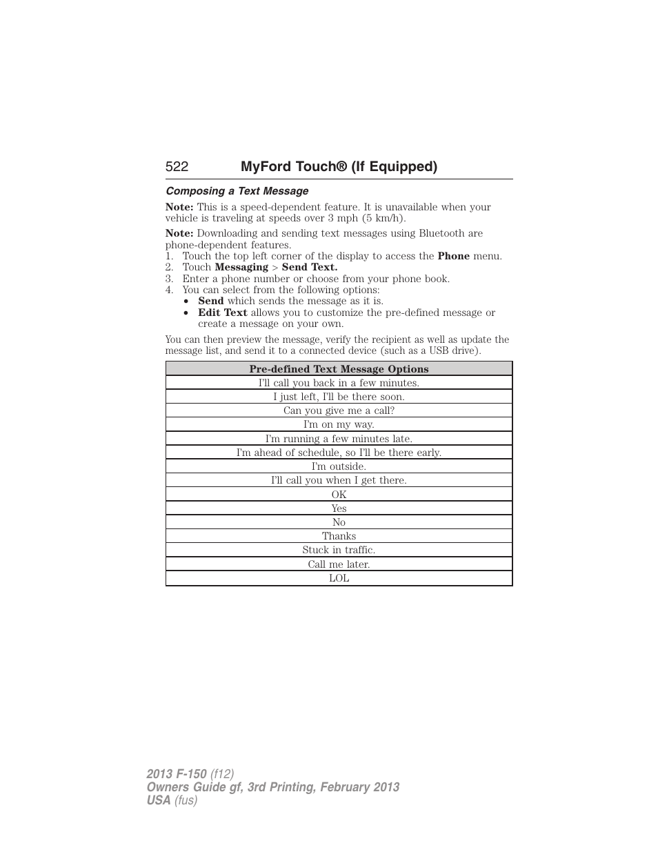 Composing a text message, 522 myford touch® (if equipped) | FORD 2013 F-150 v.3 User Manual | Page 523 / 592