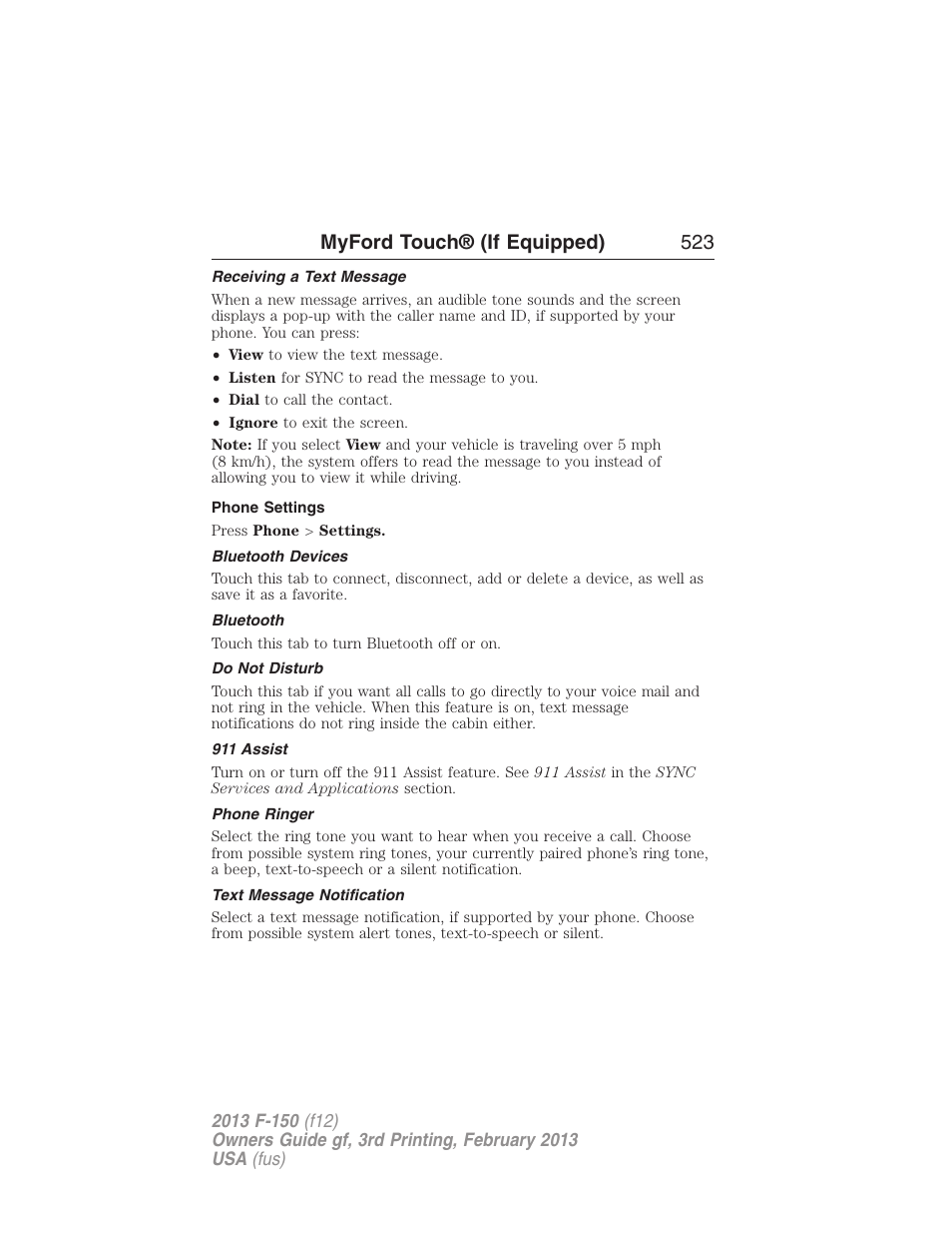 Receiving a text message, Phone settings, Bluetooth devices | Bluetooth, Do not disturb, 911 assist, Phone ringer, Text message notification, Myford touch® (if equipped) 523 | FORD 2013 F-150 v.3 User Manual | Page 524 / 592