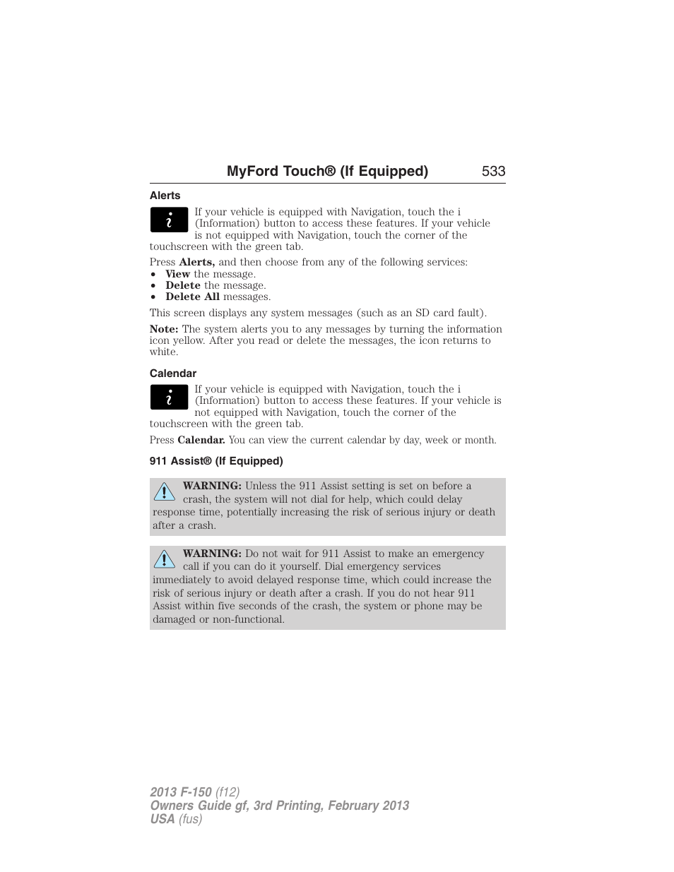 Alerts, Calendar, 911 assist® (if equipped) | Myford touch® (if equipped) 533 | FORD 2013 F-150 v.3 User Manual | Page 534 / 592