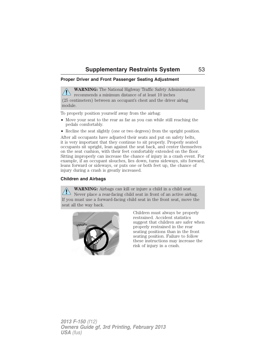 Children and airbags, Supplementary restraints system 53 | FORD 2013 F-150 v.3 User Manual | Page 54 / 592