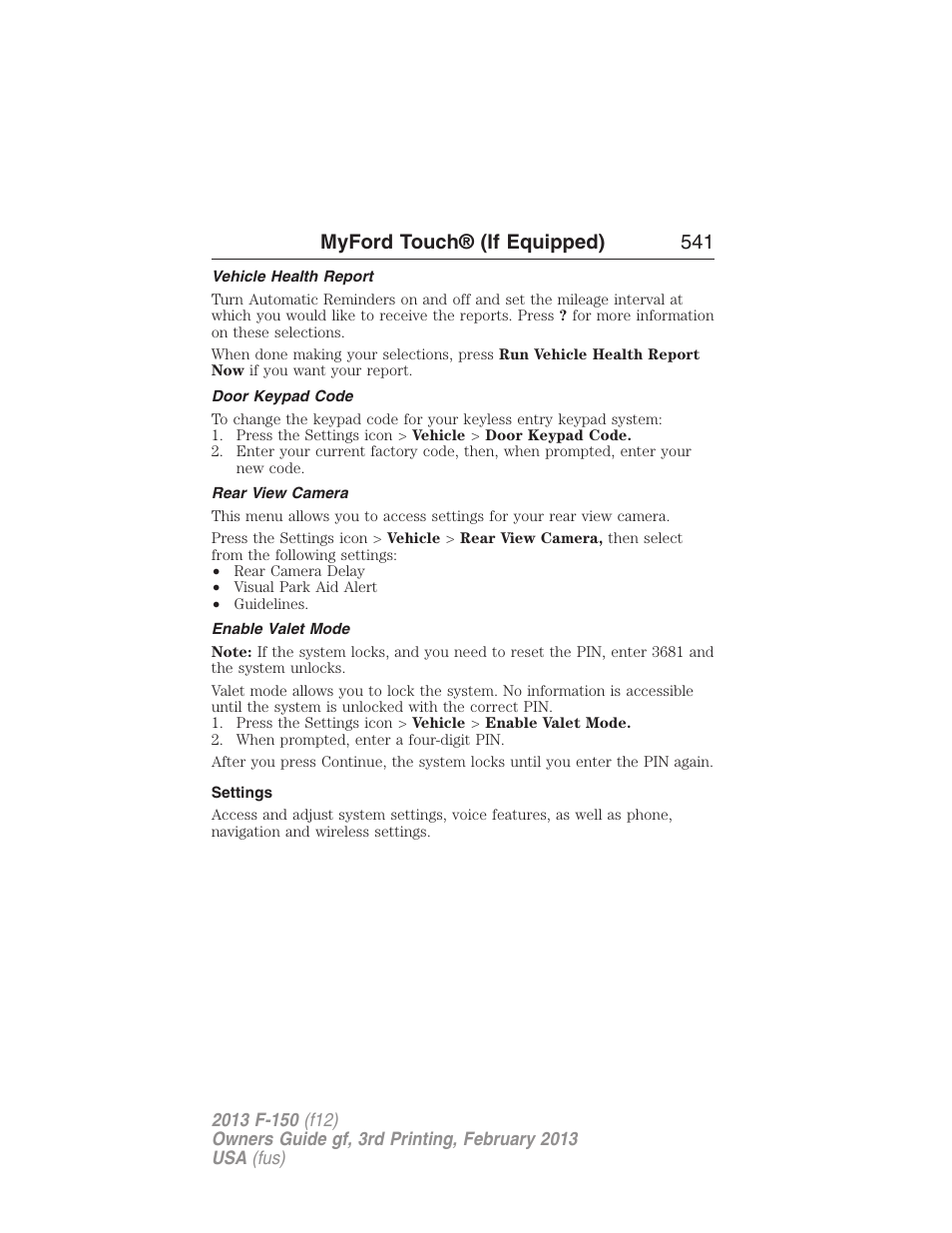 Vehicle health report, Door keypad code, Rear view camera | Enable valet mode, Settings, Myford touch® (if equipped) 541 | FORD 2013 F-150 v.3 User Manual | Page 542 / 592