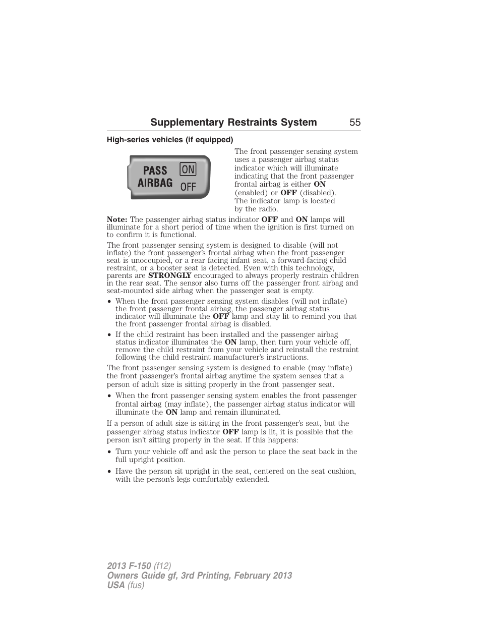 High-series vehicles (if equipped), Supplementary restraints system 55 | FORD 2013 F-150 v.3 User Manual | Page 56 / 592