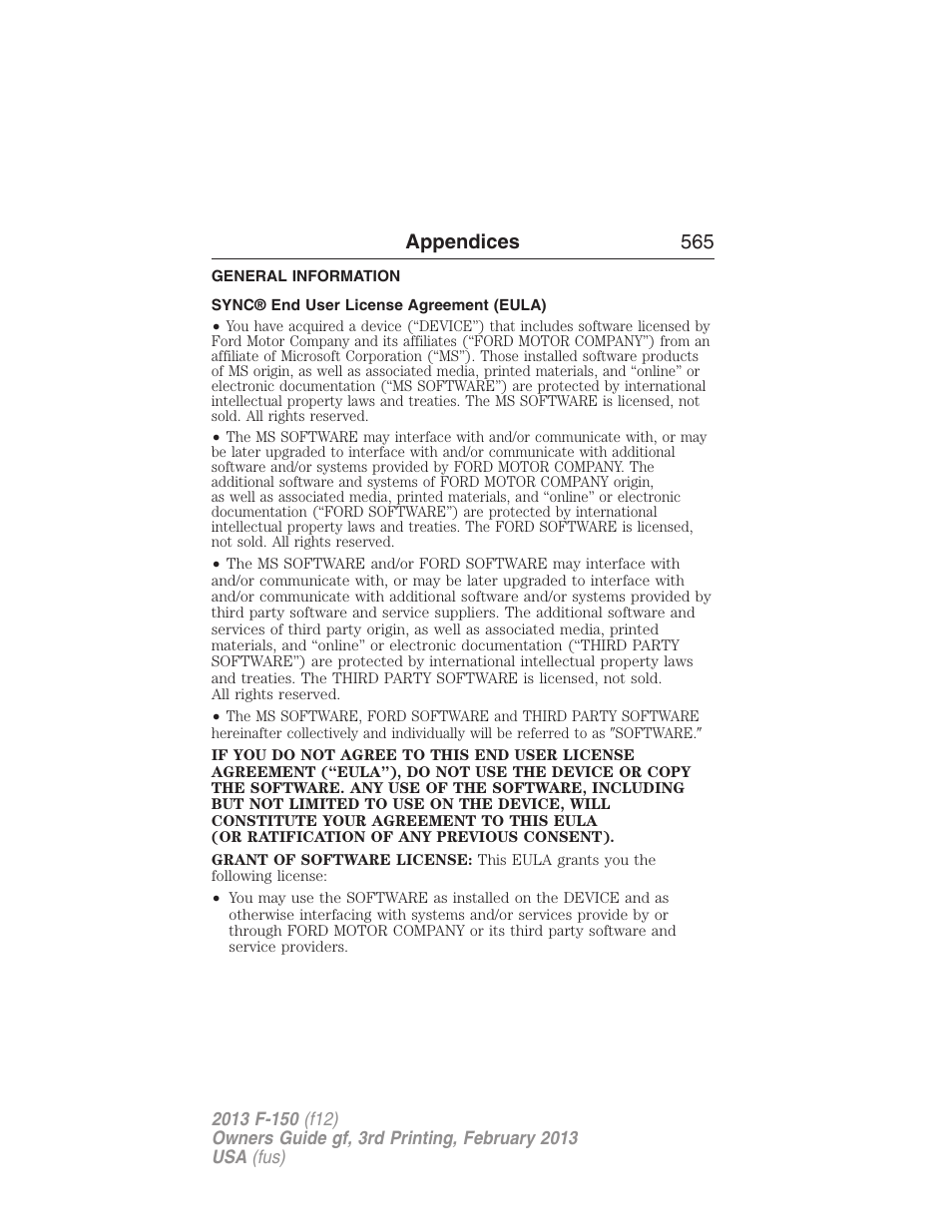 Appendices, General information, Sync® end user license agreement (eula) | Appendices 565 | FORD 2013 F-150 v.3 User Manual | Page 566 / 592