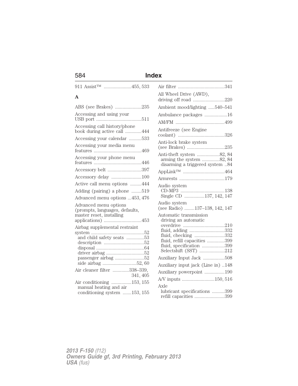 Index, 584 index | FORD 2013 F-150 v.3 User Manual | Page 585 / 592