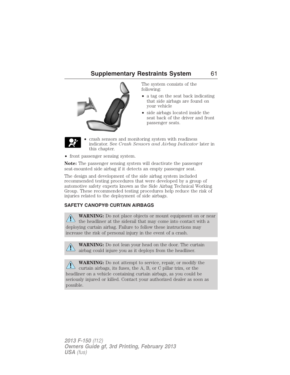 Safety canopy® curtain airbags, Safety canopy curtain airbags, Supplementary restraints system 61 | FORD 2013 F-150 v.3 User Manual | Page 62 / 592