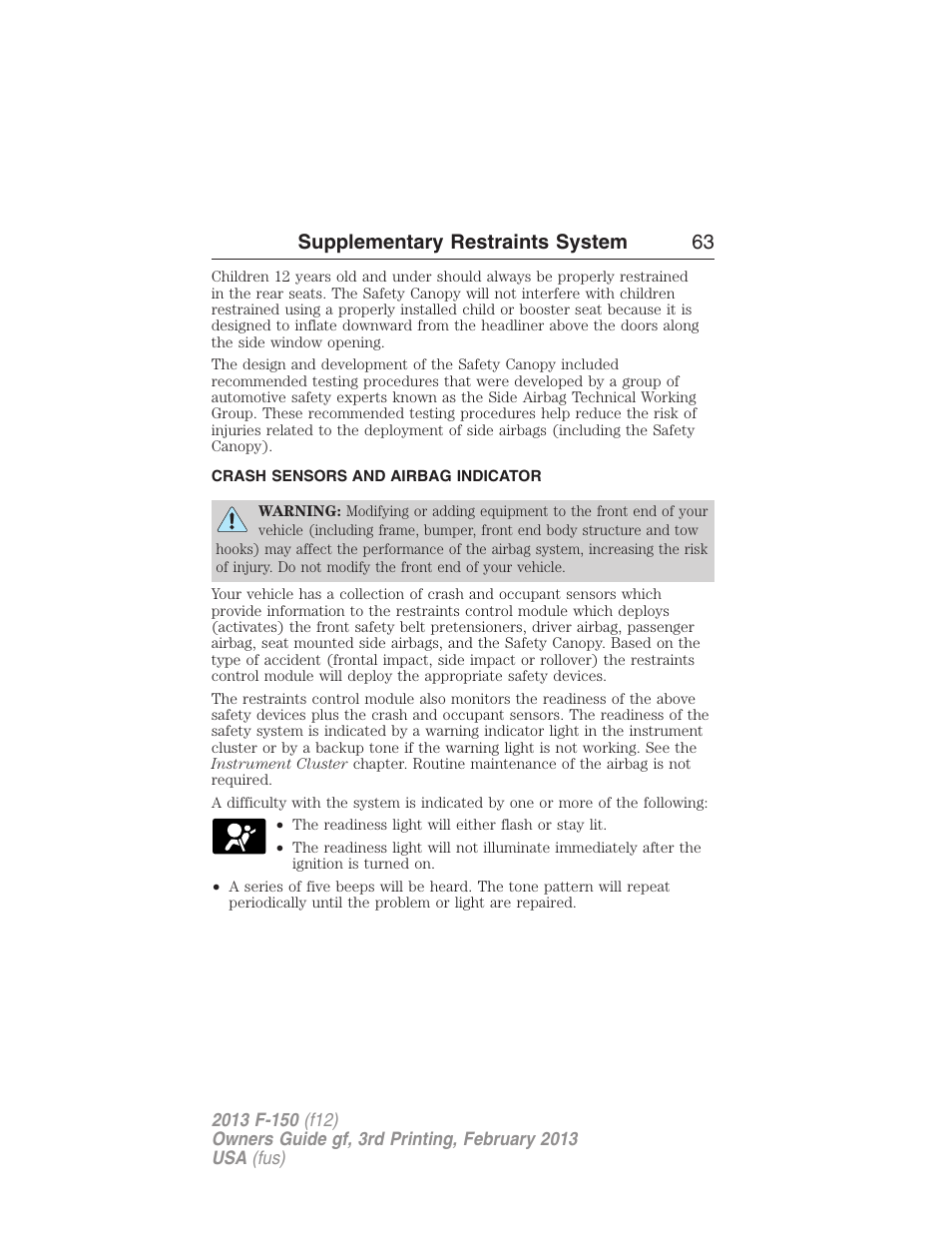 Crash sensors and airbag indicator, Supplementary restraints system 63 | FORD 2013 F-150 v.3 User Manual | Page 64 / 592