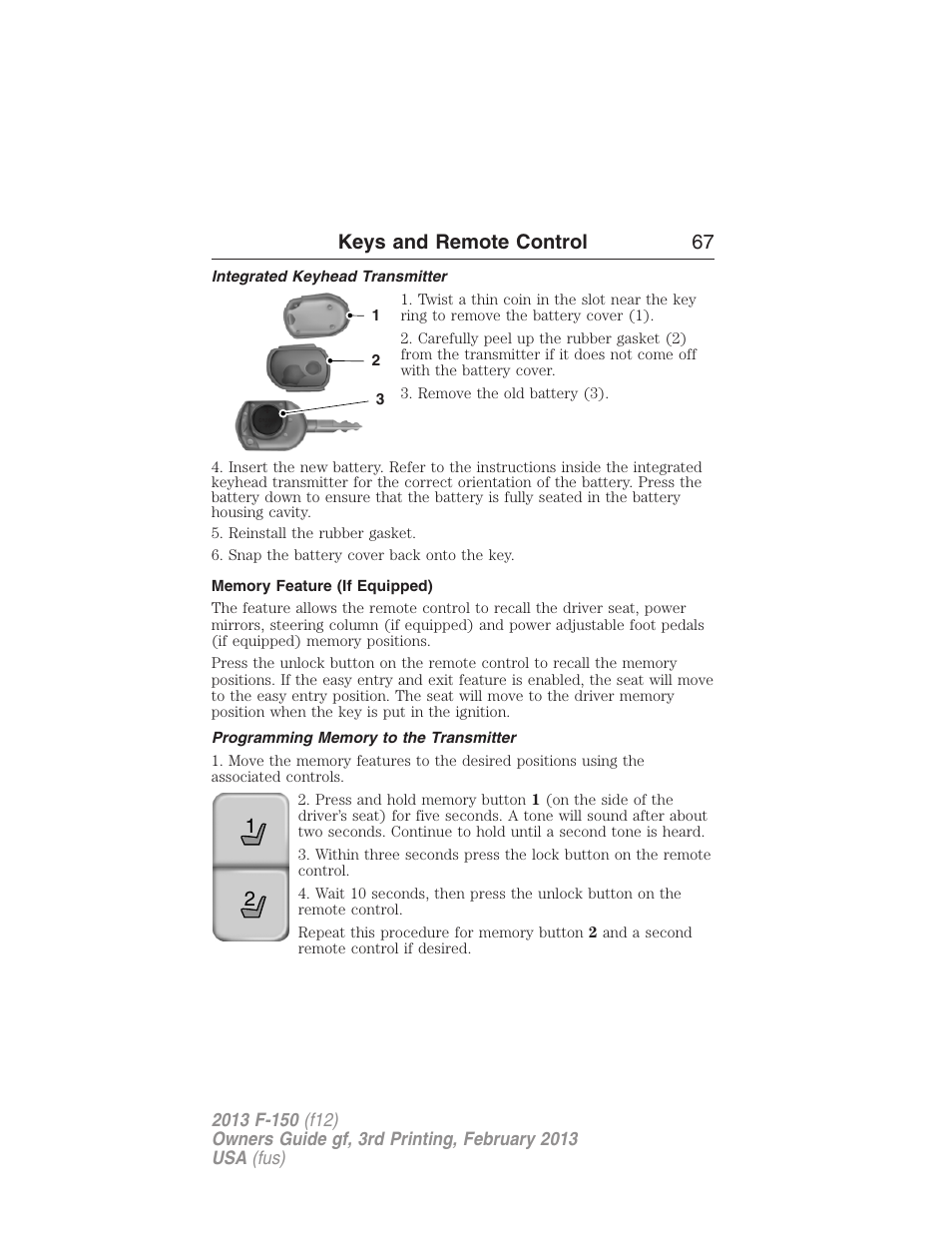 Integrated keyhead transmitter, Memory feature (if equipped), Programming memory to the transmitter | 21 keys and remote control 67 | FORD 2013 F-150 v.3 User Manual | Page 68 / 592