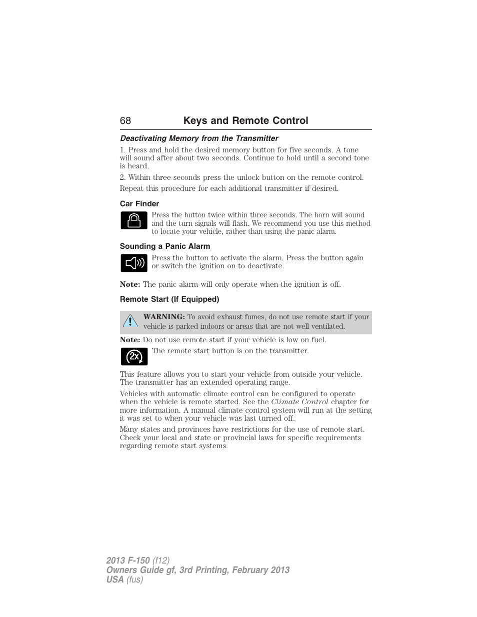 Deactivating memory from the transmitter, Car finder, Sounding a panic alarm | Remote start (if equipped), 68 keys and remote control | FORD 2013 F-150 v.3 User Manual | Page 69 / 592