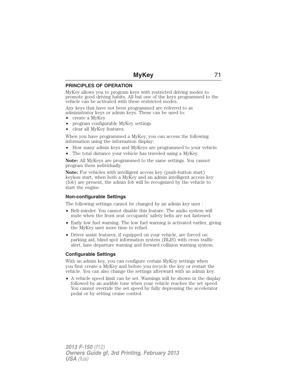 Mykey, Principles of operation, Non-configurable settings | Configurable settings, Settings, mykey, Mykey 71 | FORD 2013 F-150 v.3 User Manual | Page 72 / 592
