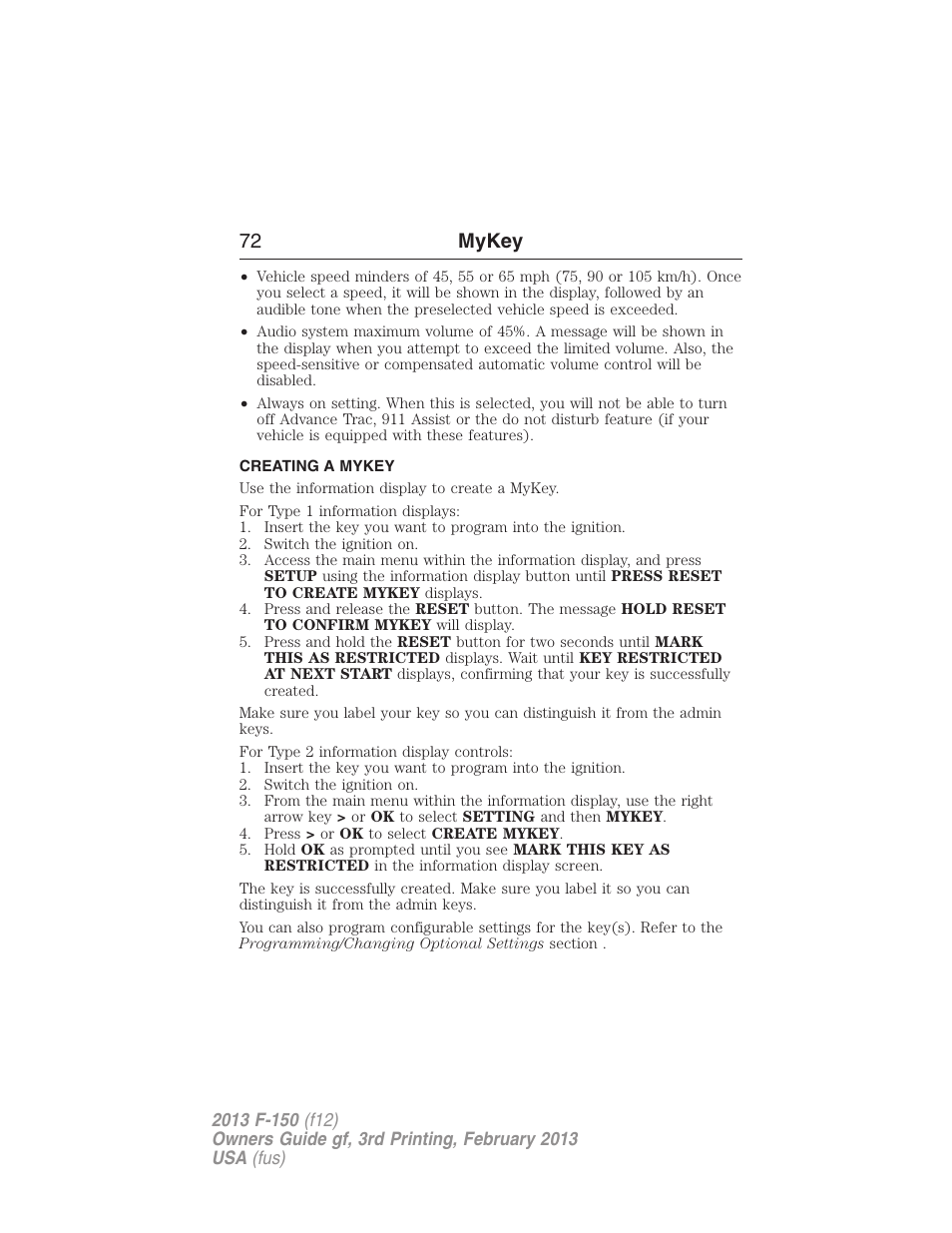 Creating a mykey, Creating, 72 mykey | FORD 2013 F-150 v.3 User Manual | Page 73 / 592