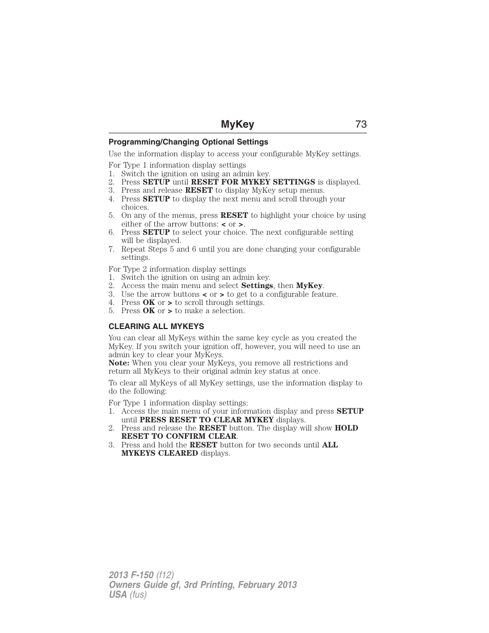 Programming/changing optional settings, Clearing all mykeys, Clearing | Mykey 73 | FORD 2013 F-150 v.3 User Manual | Page 74 / 592