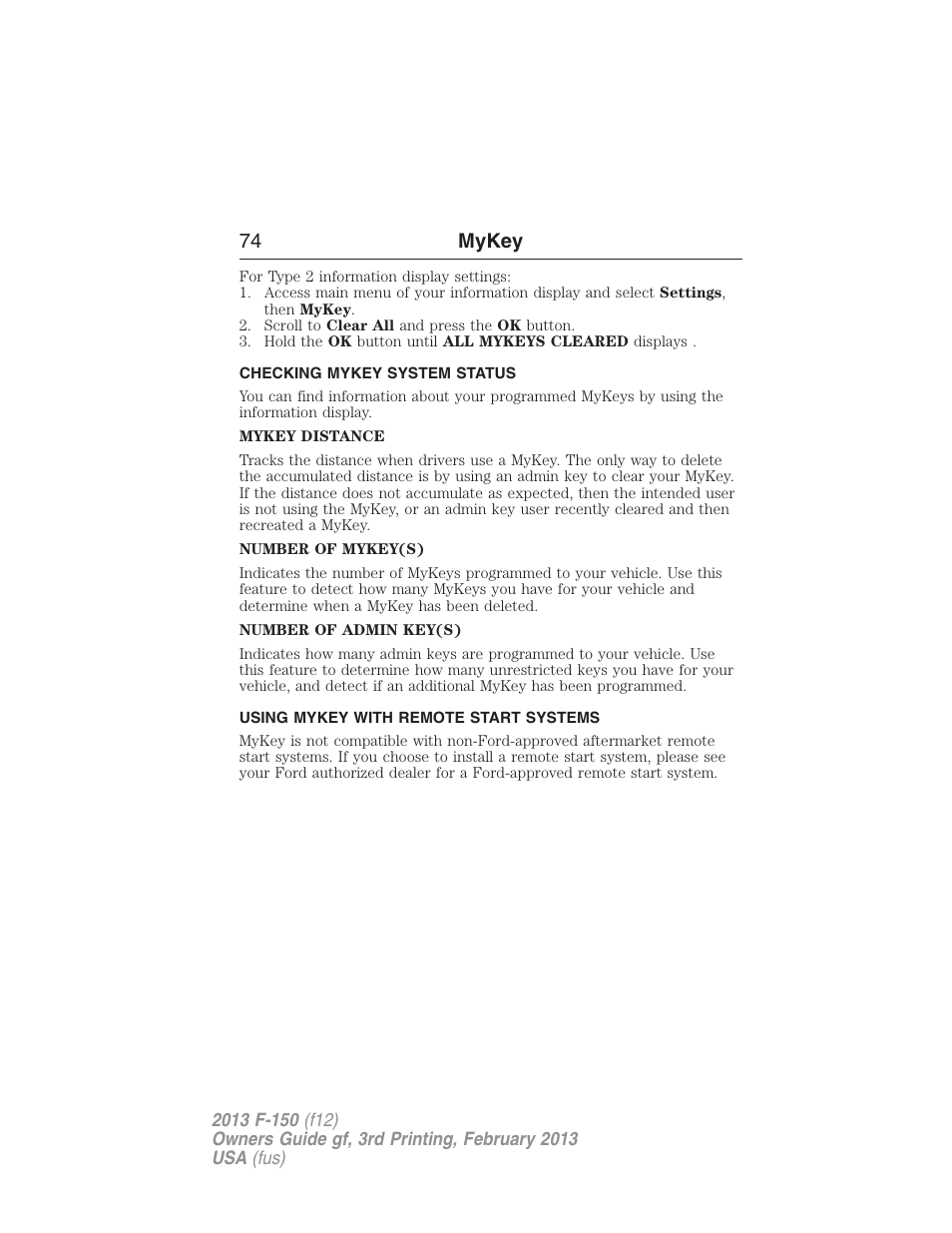 Checking mykey system status, Using mykey with remote start systems, System status | Remote start, mykey, 74 mykey | FORD 2013 F-150 v.3 User Manual | Page 75 / 592