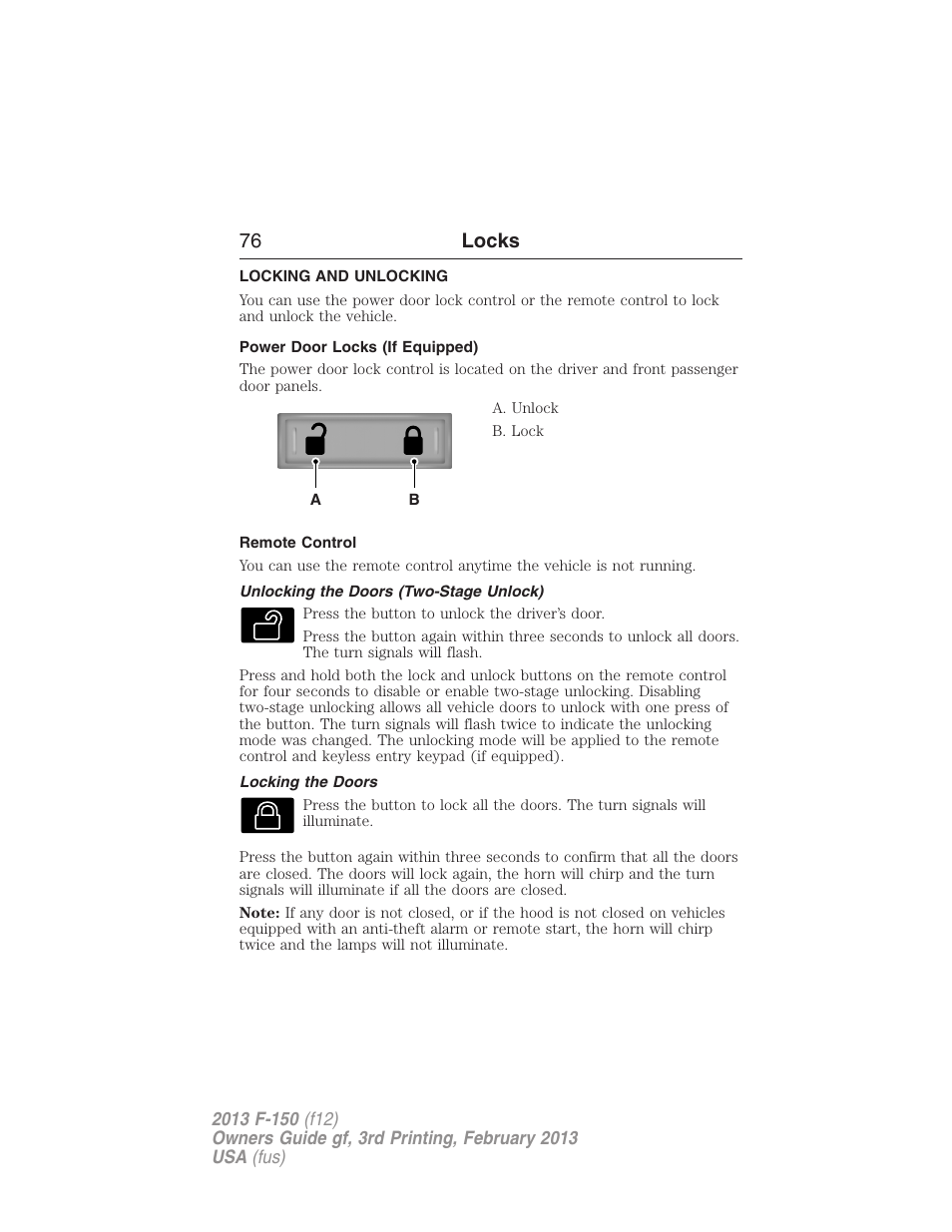 Locks, Locking and unlocking, Power door locks (if equipped) | Remote control, Unlocking the doors (two-stage unlock), Locking the doors, 76 locks | FORD 2013 F-150 v.3 User Manual | Page 77 / 592