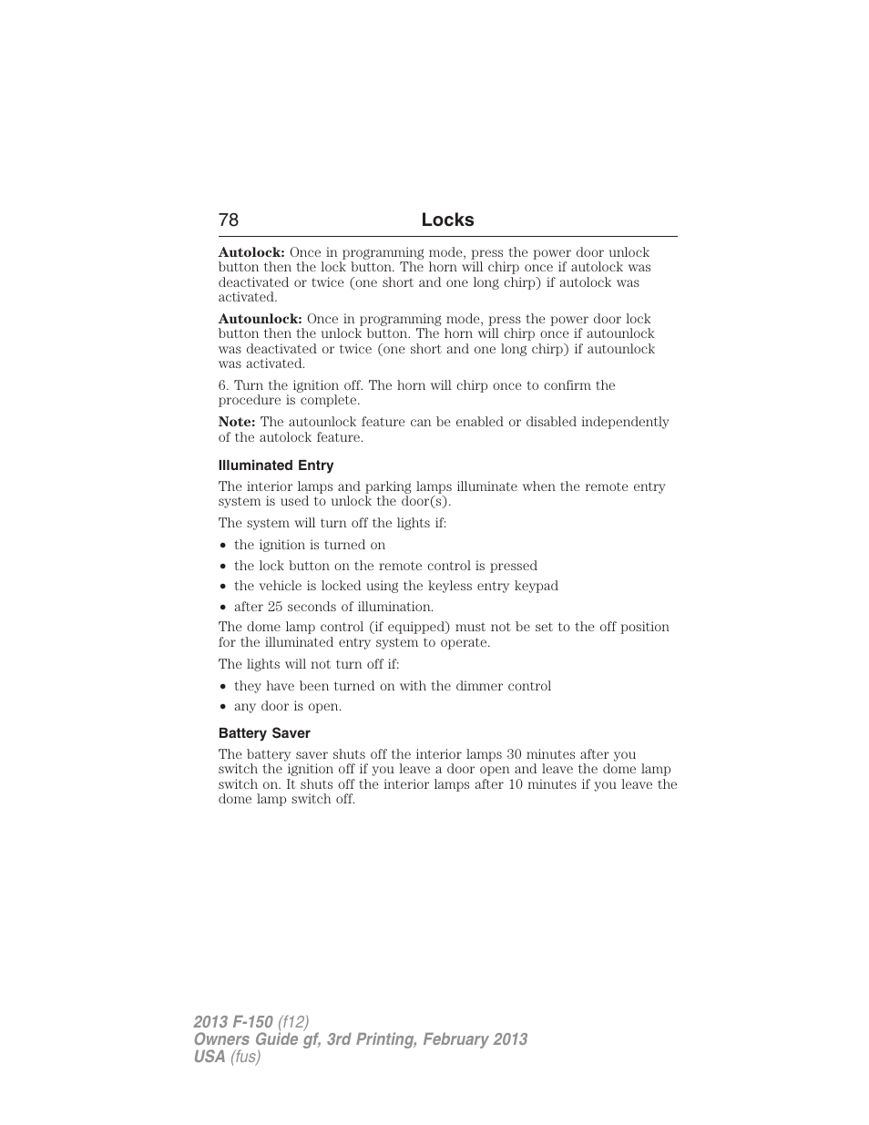 Illuminated entry, Battery saver, 78 locks | FORD 2013 F-150 v.3 User Manual | Page 79 / 592