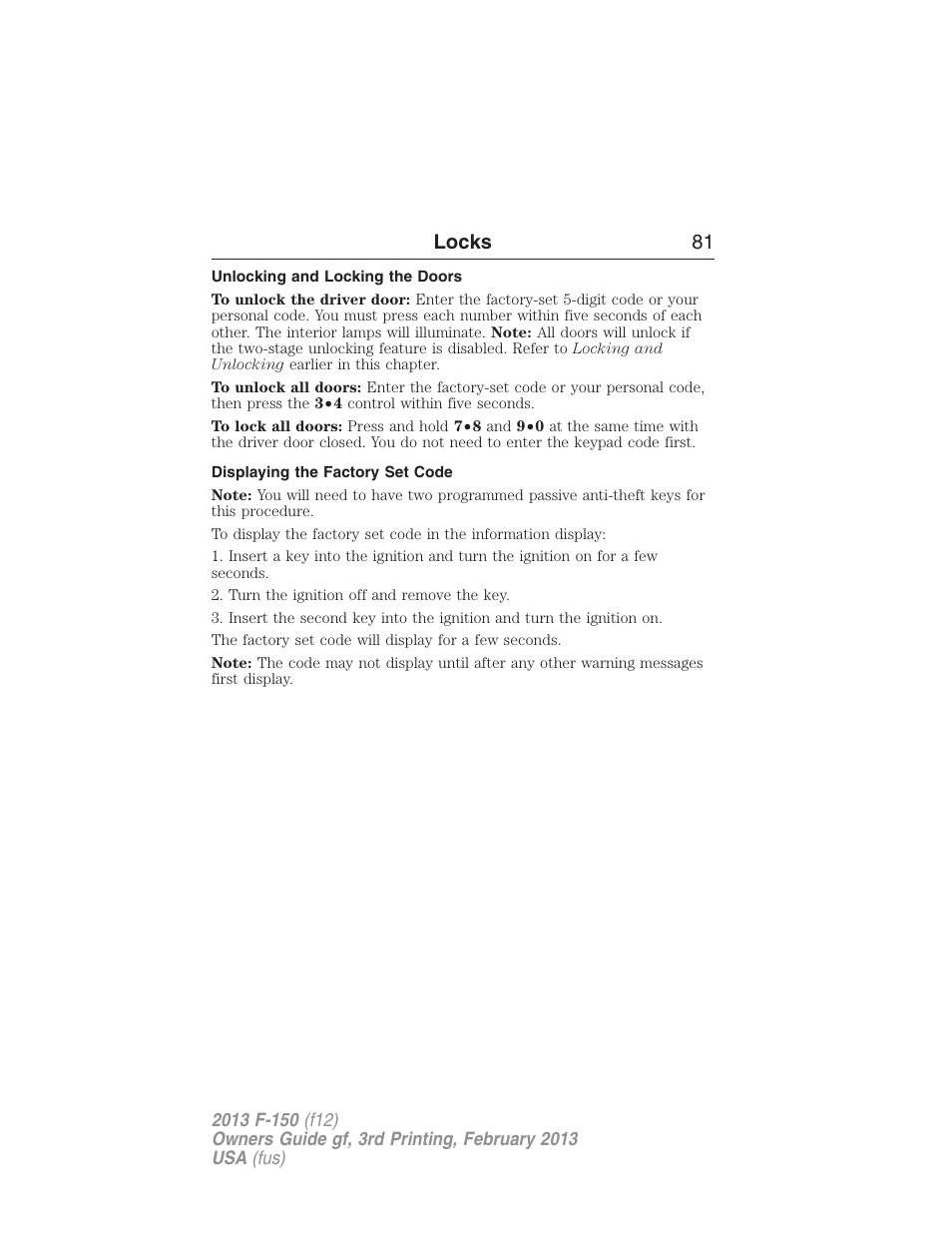 Unlocking and locking the doors, Displaying the factory set code, Locks 81 | FORD 2013 F-150 v.3 User Manual | Page 82 / 592