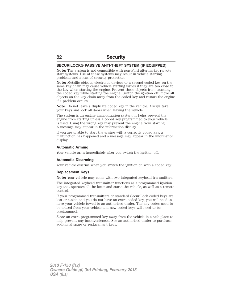 Security, Automatic arming, Automatic disarming | Replacement keys, Securilock® passive anti-theft system, 82 security | FORD 2013 F-150 v.3 User Manual | Page 83 / 592