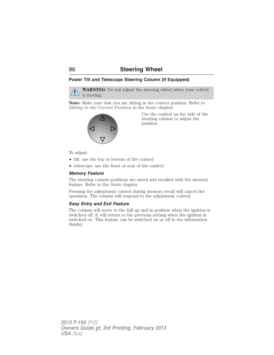 Memory feature, Easy entry and exit feature, 86 steering wheel | FORD 2013 F-150 v.3 User Manual | Page 87 / 592