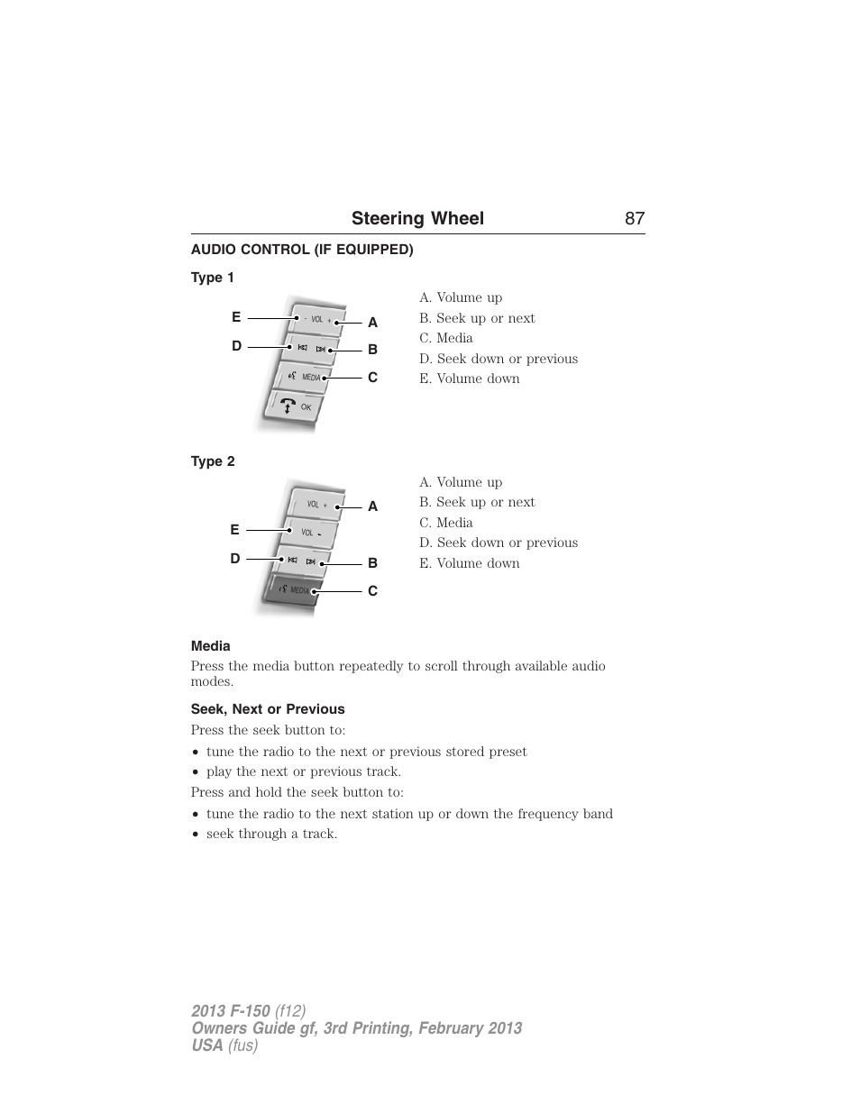 Audio control (if equipped), Type 1, Type 2 | Media, Seek, next or previous, Steering wheel controls, Steering wheel 87 | FORD 2013 F-150 v.3 User Manual | Page 88 / 592
