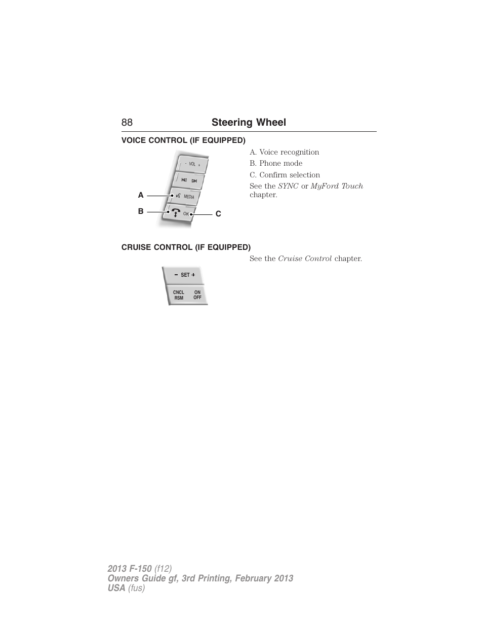 Voice control (if equipped), Cruise control (if equipped), 88 steering wheel | FORD 2013 F-150 v.3 User Manual | Page 89 / 592