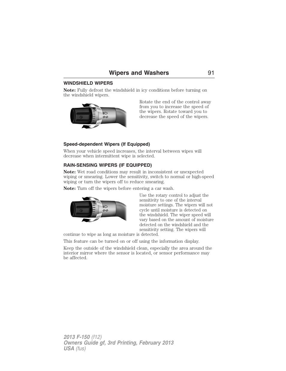 Wipers and washers, Windshield wipers, Speed-dependent wipers (if equipped) | Rain-sensing wipers (if equipped), Rain-sensing wipers, Wipers and washers 91 | FORD 2013 F-150 v.3 User Manual | Page 92 / 592