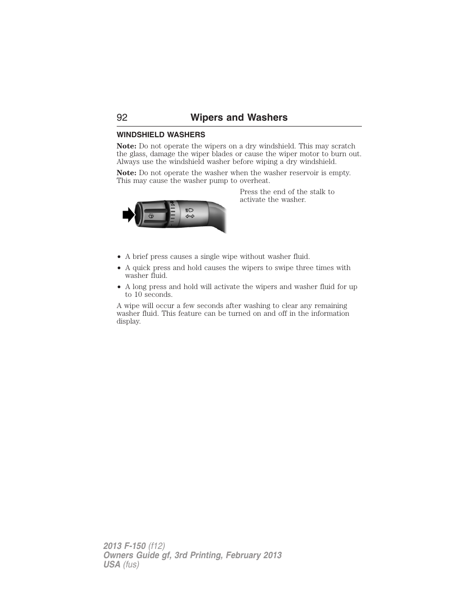 Windshield washers, 92 wipers and washers | FORD 2013 F-150 v.3 User Manual | Page 93 / 592