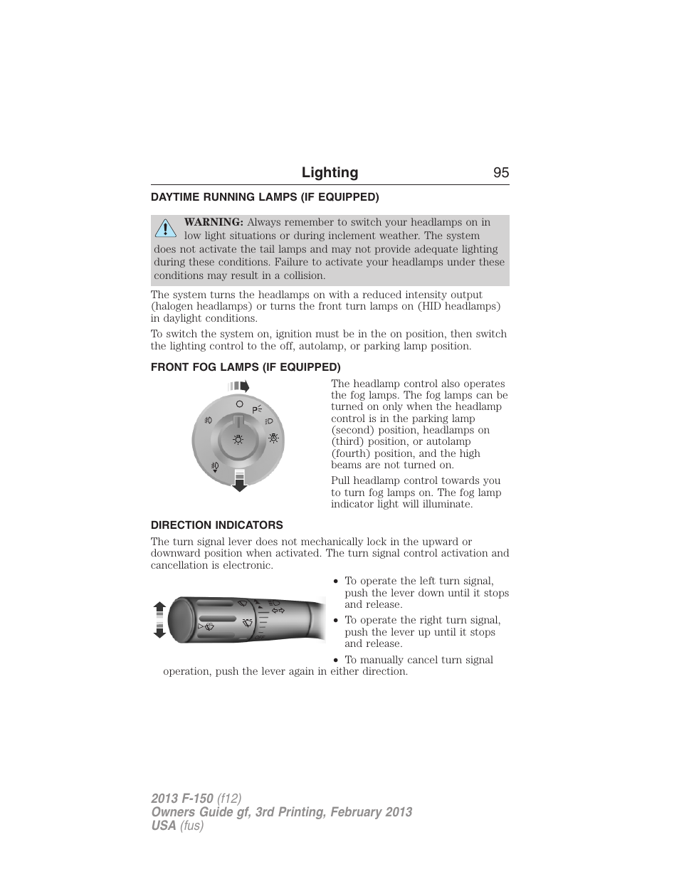 Daytime running lamps (if equipped), Front fog lamps (if equipped), Direction indicators | Daytime running lamps, Front fog lamps, Lighting 95 | FORD 2013 F-150 v.3 User Manual | Page 96 / 592