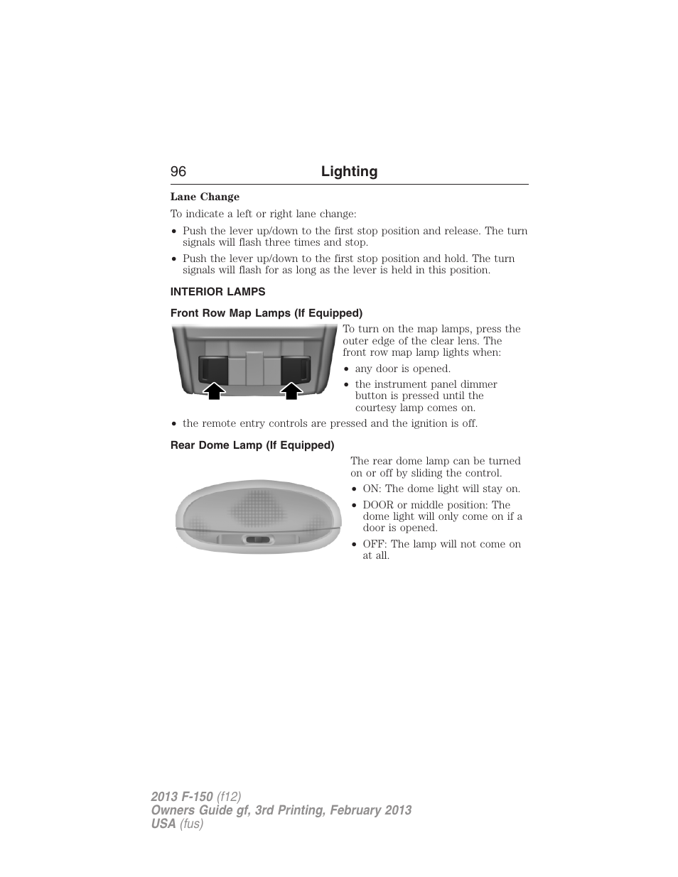 Interior lamps, Front row map lamps (if equipped), Rear dome lamp (if equipped) | 96 lighting | FORD 2013 F-150 v.3 User Manual | Page 97 / 592