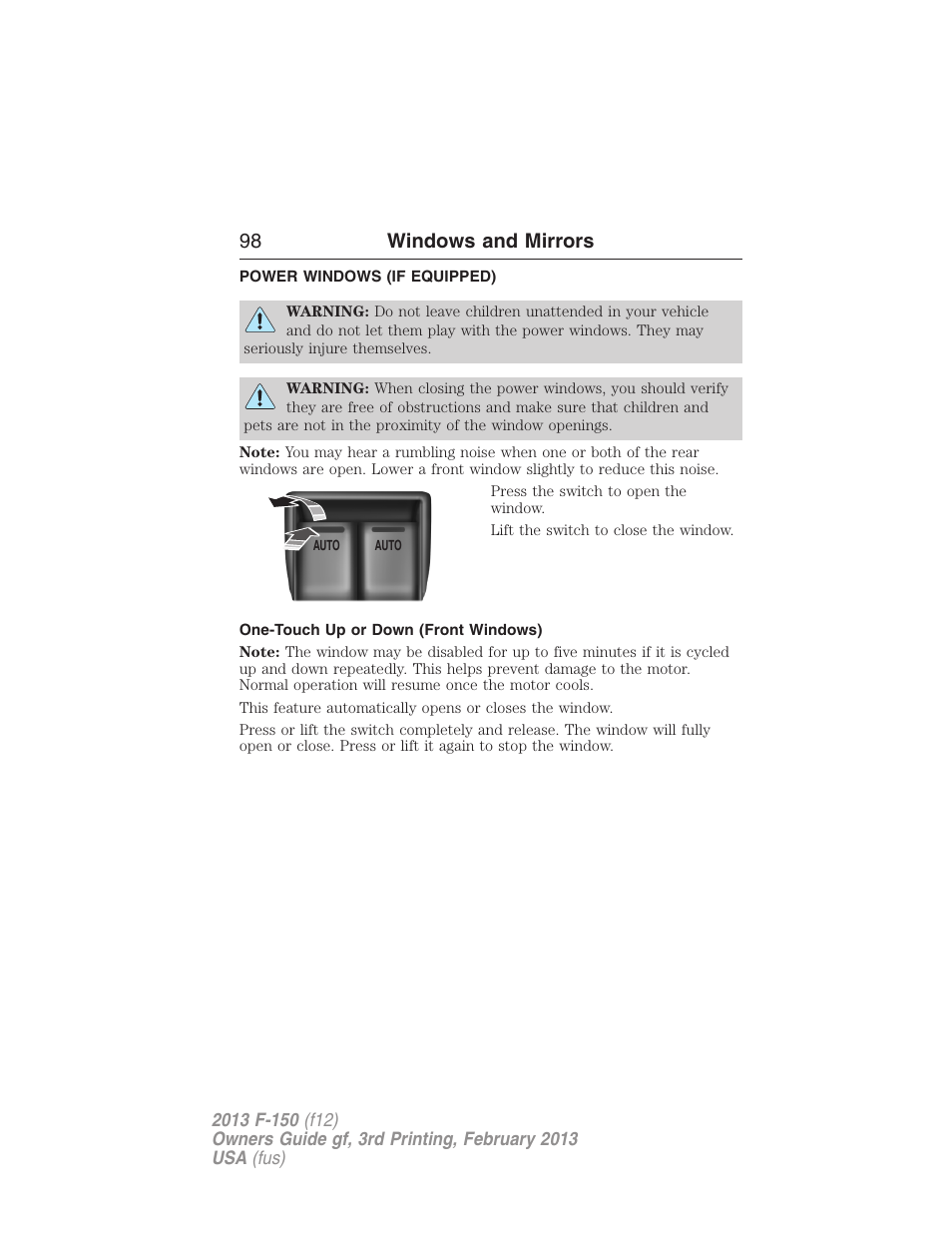Windows and mirrors, Power windows (if equipped), One-touch up or down (front windows) | Power windows, 98 windows and mirrors | FORD 2013 F-150 v.3 User Manual | Page 99 / 592